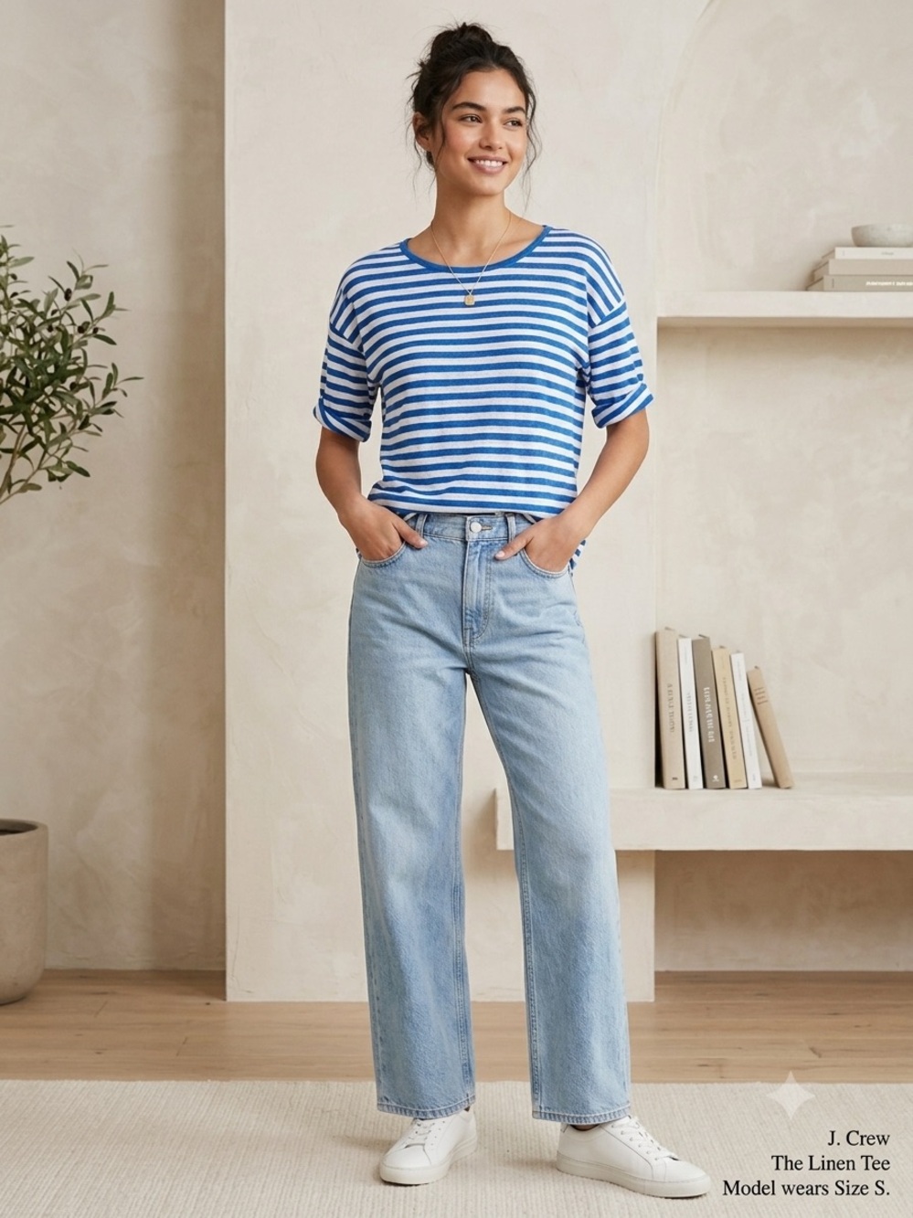 J.Crew 100% Linen Tee Blue White Striped Short Sleeve Top Size S Nautical